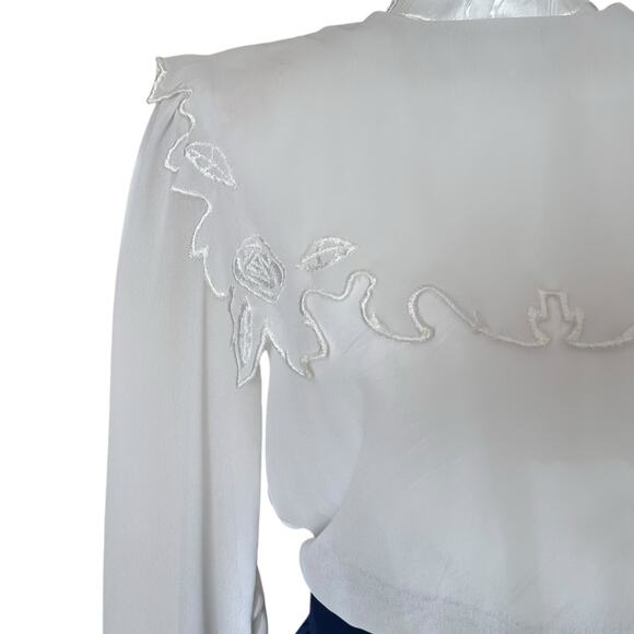 Vintage 80s White Blue Sheer Belted Dress Womens Sz Small Lace Collar Coquette - Picture 11 of 16